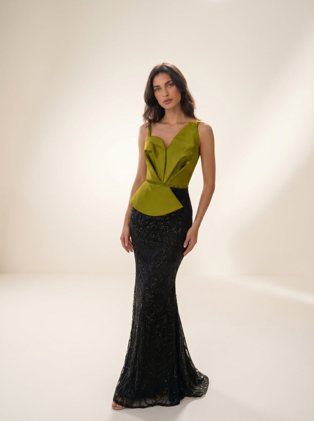 Modessa Couture M26714 Asymmetric Sweetheart Spaghetti Strap Two-Tone Peplum Evening Dress - FOSTANI.com