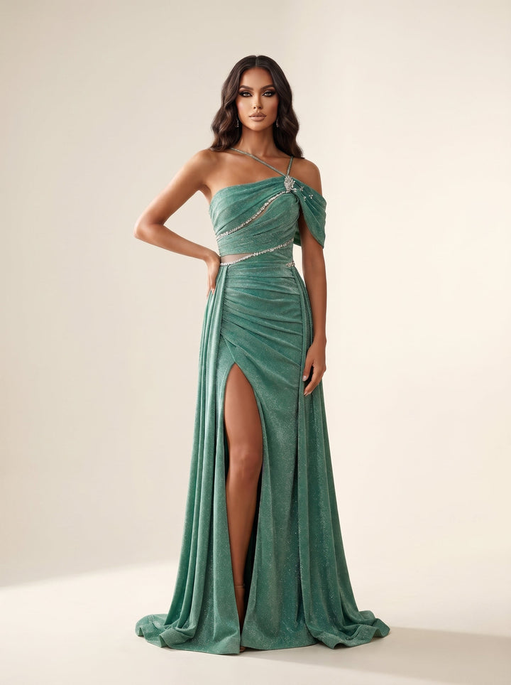 Modessa Couture MO26728 asymmetric high slit prom dress front view