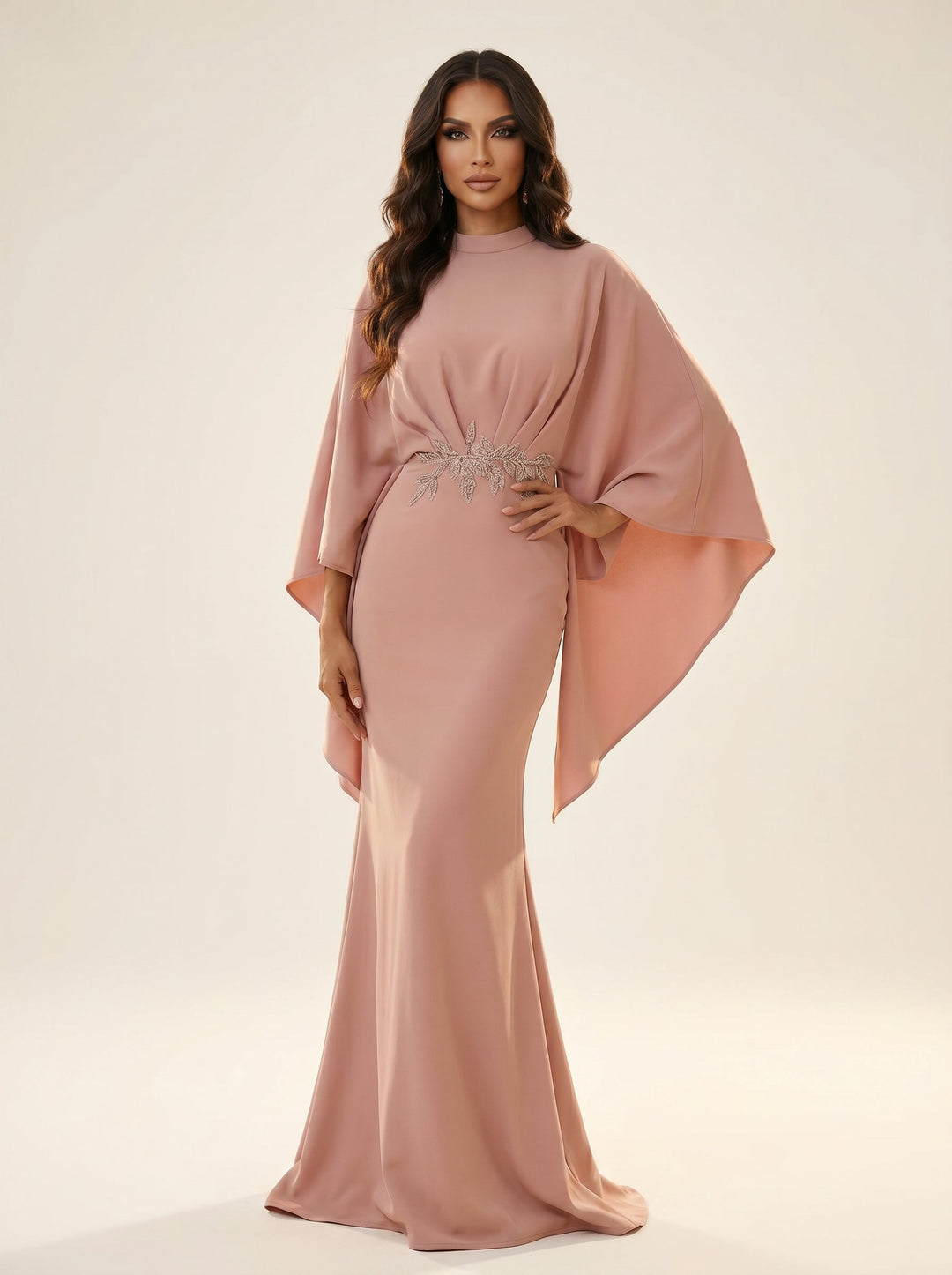 Modessa Couture MO26733 high neck cape sleeve mother of the bride dress front view