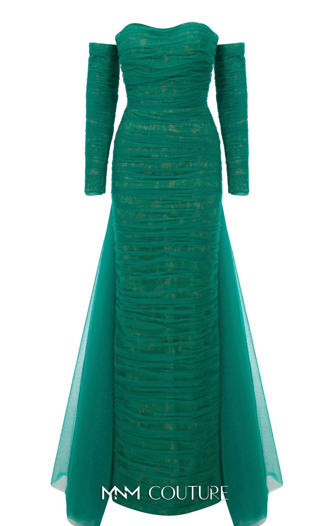 MNM Couture N0656 Strapless Sweetheart Ruched Column Evening Gown with Back Overskirt