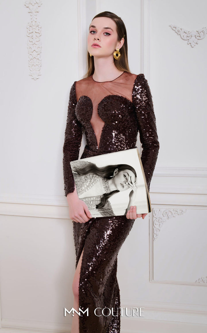 MNM Couture N0668: Sequin Illusion Neckline Gown with High Slit - FOSTANI.com