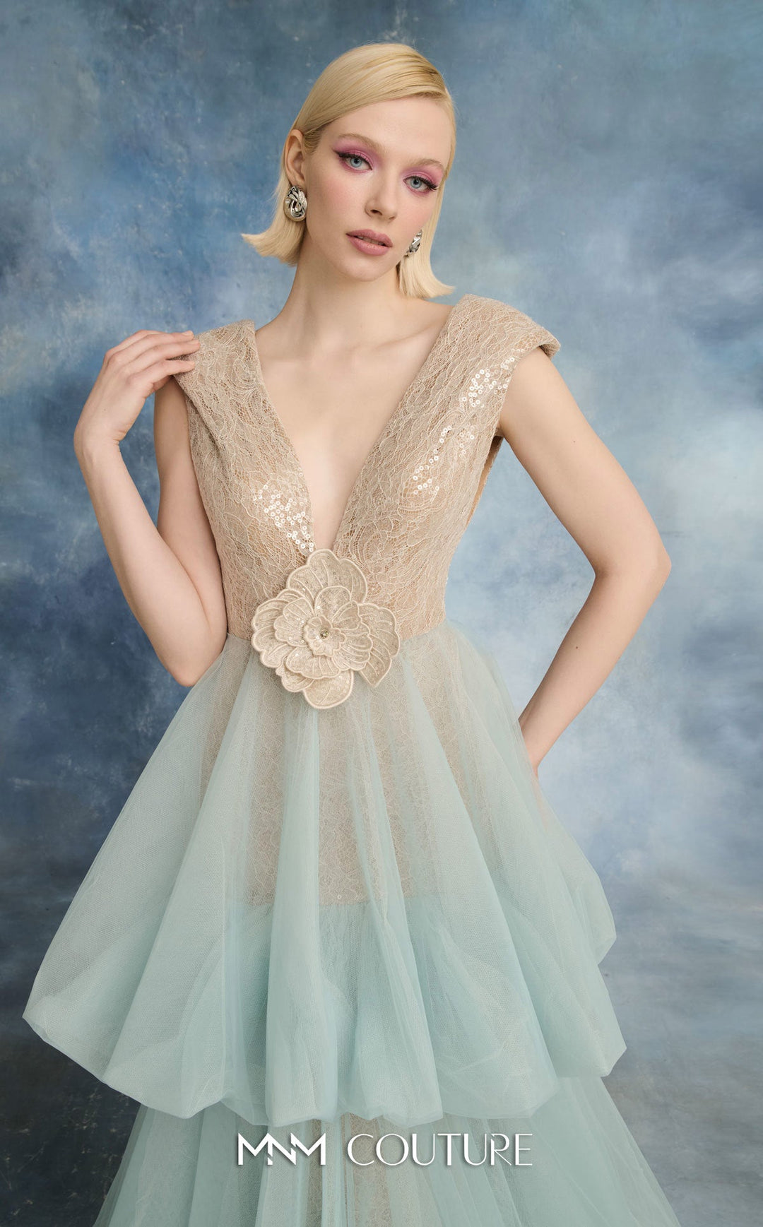 NF By Nour N0719 V-Neck Sleeveless Embellished Lace Couture Dress