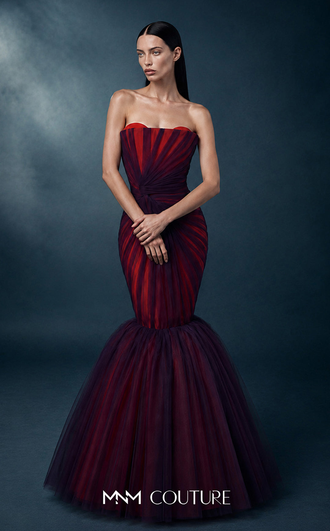 MNM Couture N0754 strapless scalloped sunburst pleated mermaid gown with knot waist full-length front view