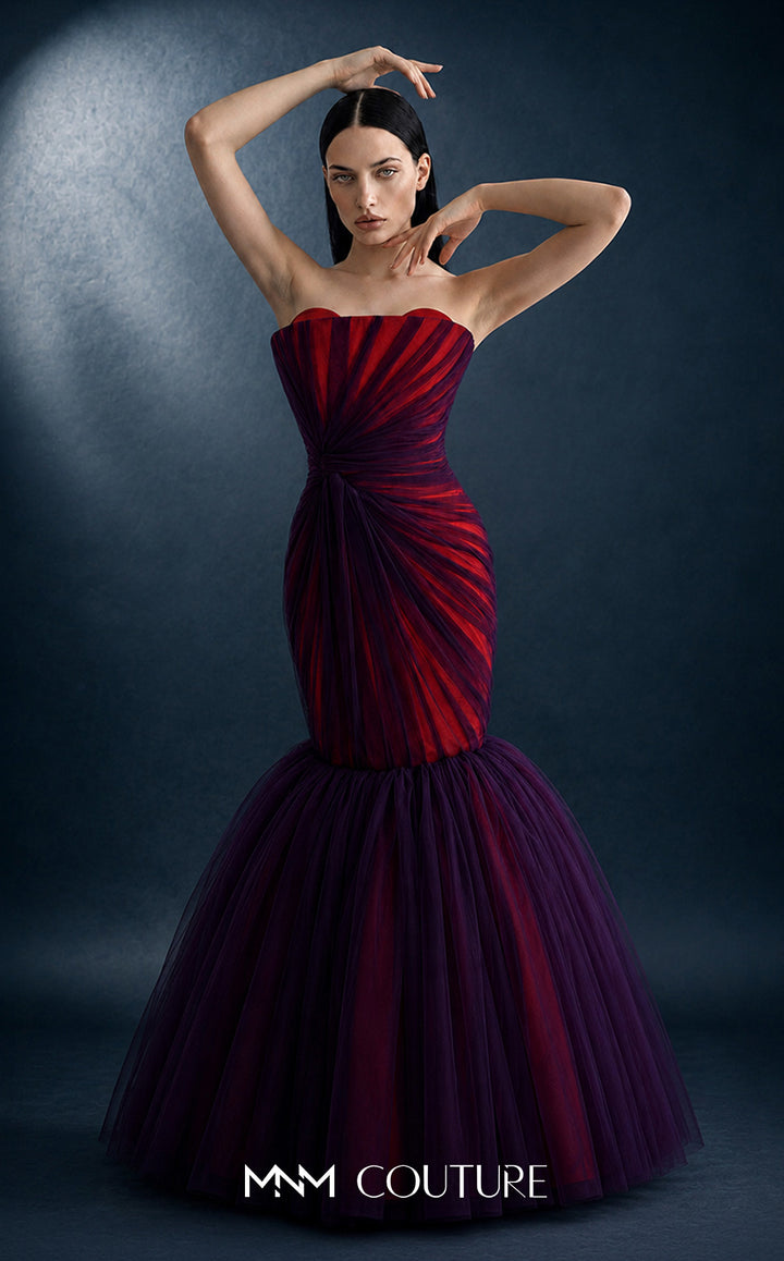 MNM Couture N0754 strapless scalloped sunburst pleated mermaid gown with knot waist three-quarter view
