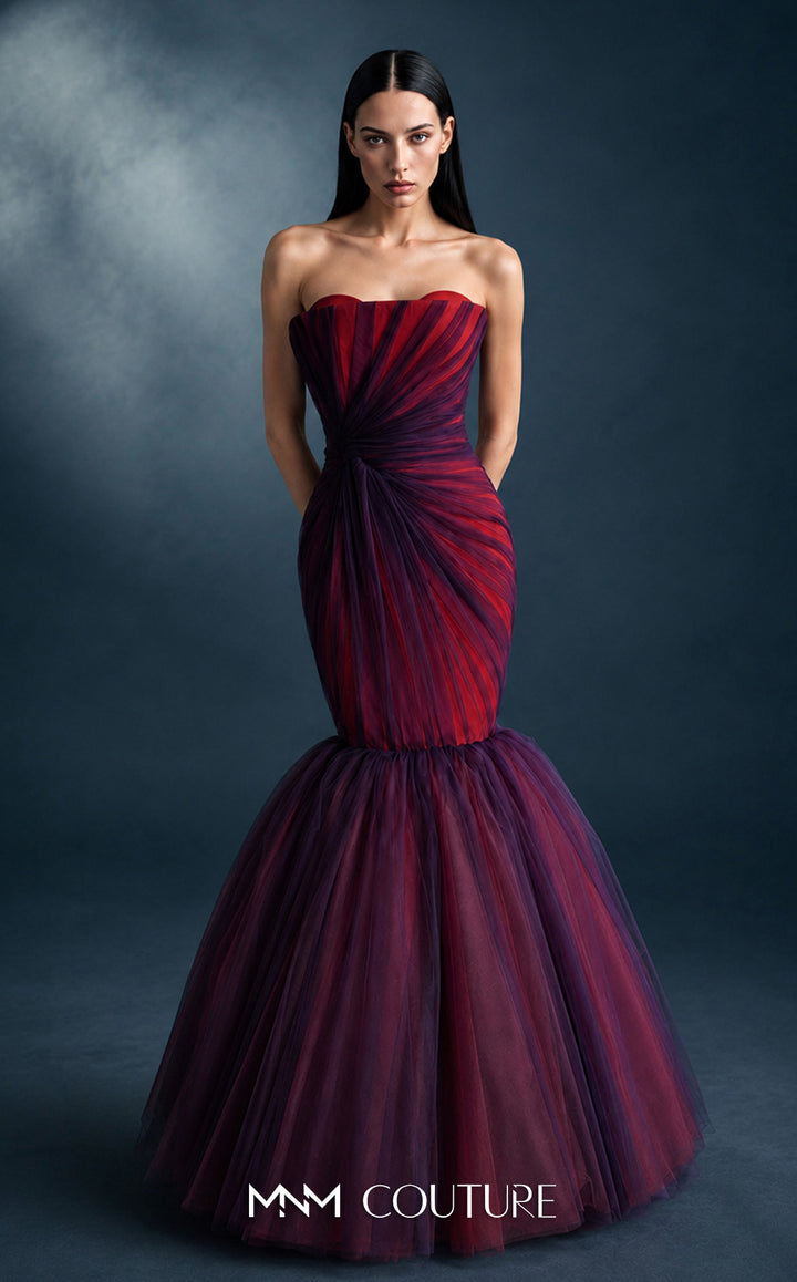 MNM Couture N0754 strapless scalloped sunburst pleated mermaid gown with knot waist front view