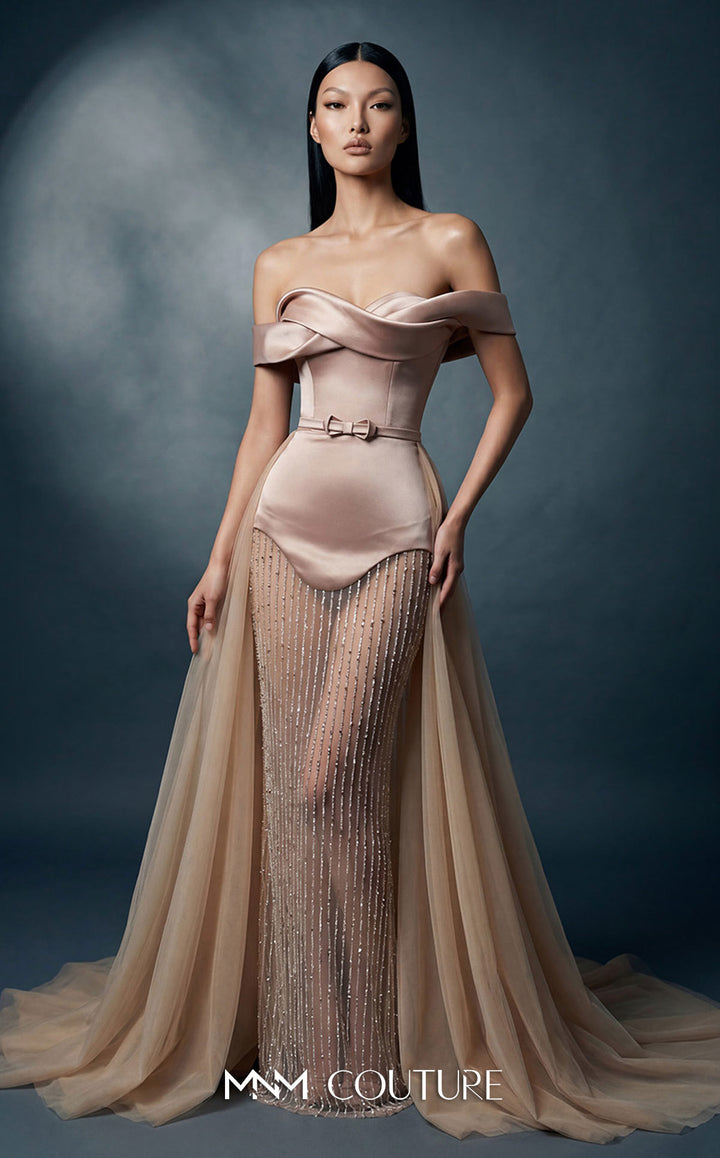 MNM Couture N0760 off-the-shoulder draped band corset column gown with beaded skirt front view