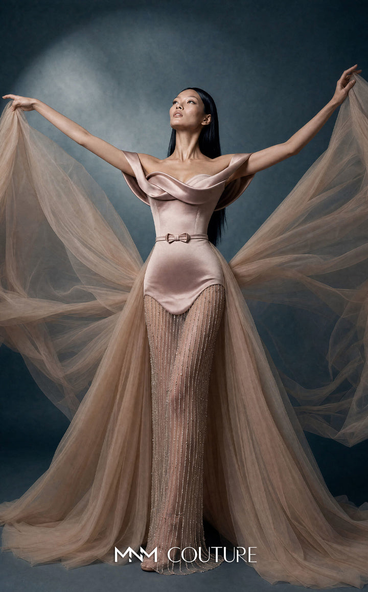 MNM Couture N0760 off-the-shoulder draped band corset column gown with beaded skirt front view with overskirt spread