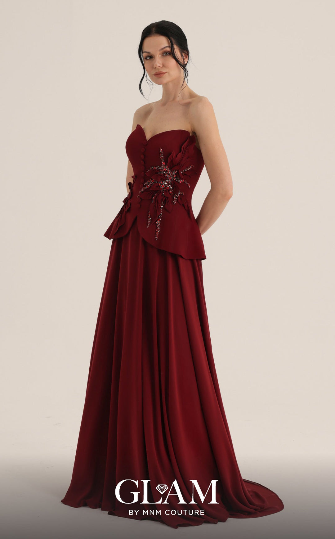 MNM Couture Style O07815: Crepe Corset and Chiffon A-Line Gown with Floral Embellishments - FOSTANI.com