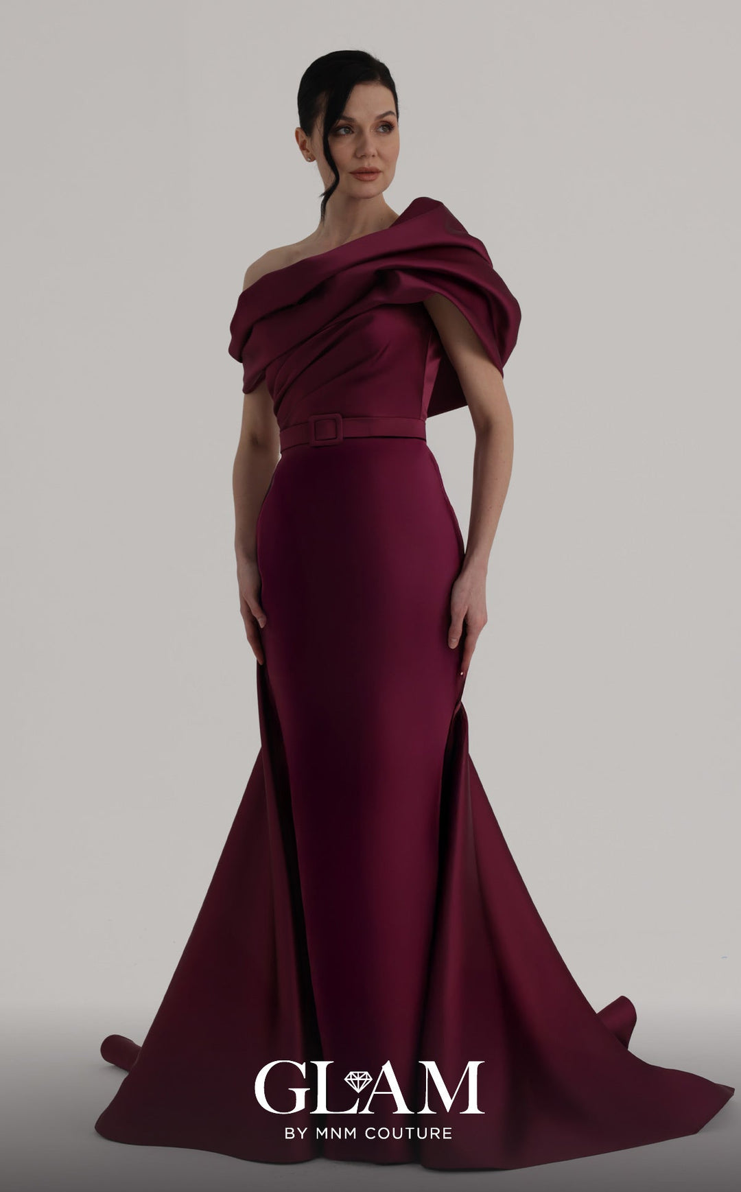 MNM Couture Style O07841: One-Shoulder Mermaid Gown with Asymmetric Satin Train - FOSTANI.com
