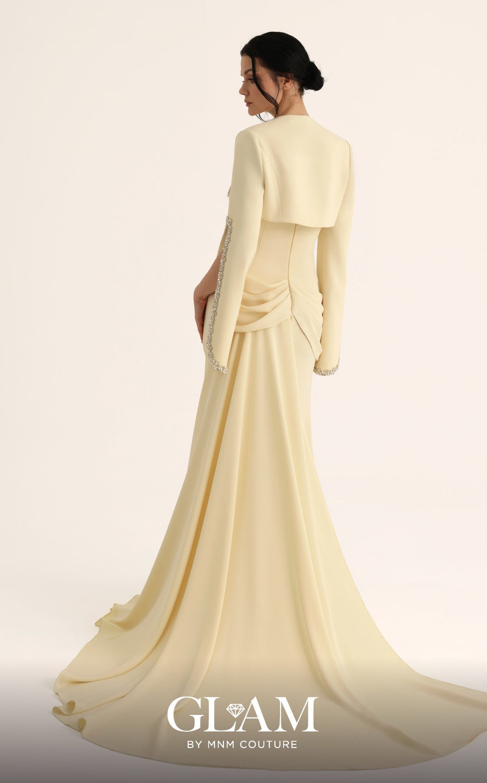 MNM Couture Style O07851: Strapless Crepe Gown with Drape, Rhinestone Bolero & Pendant - FOSTANI.com