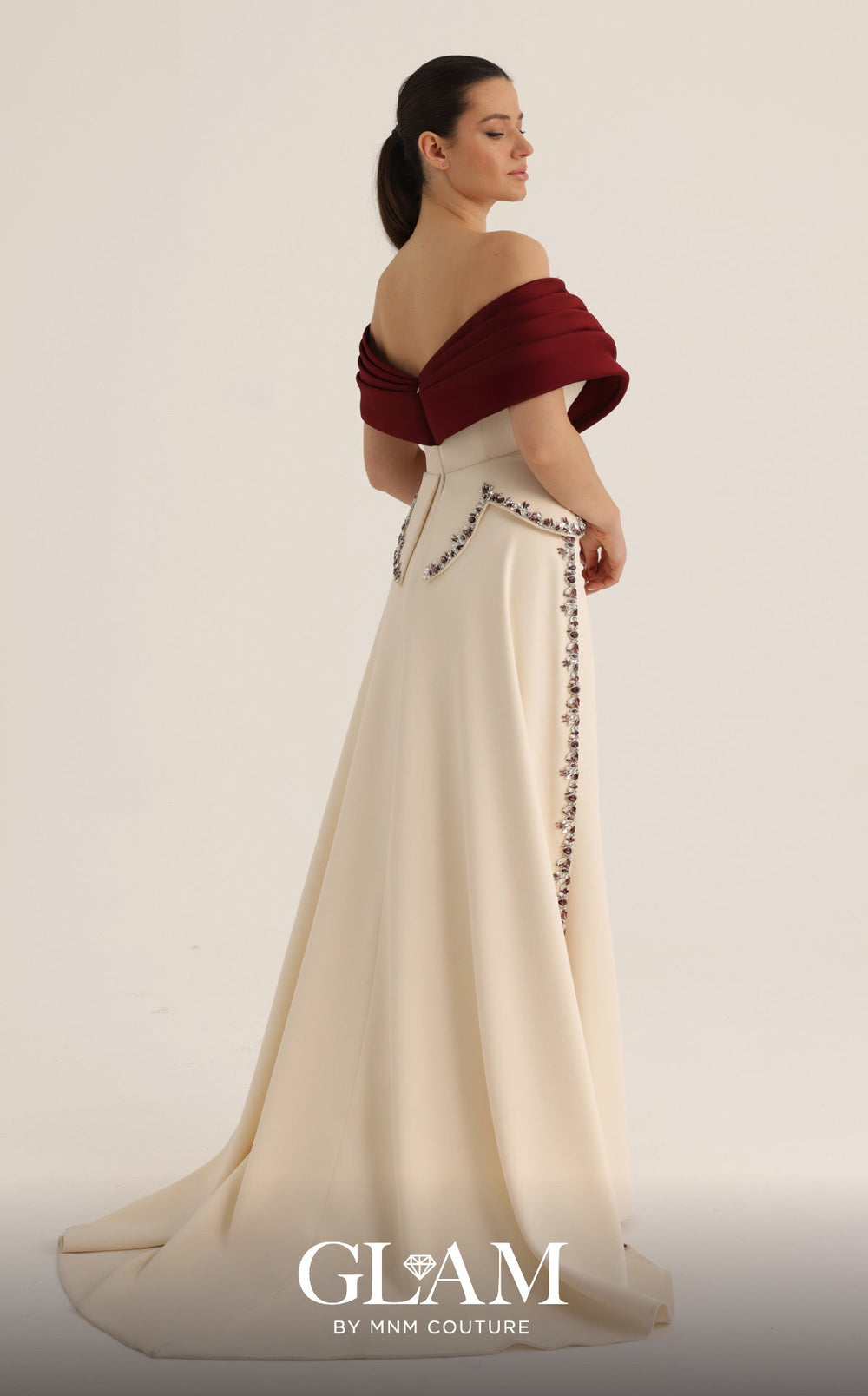 MNM Couture Style O07865: Off-the-Shoulder Column Gown with Crystal Embellishments - FOSTANI.com