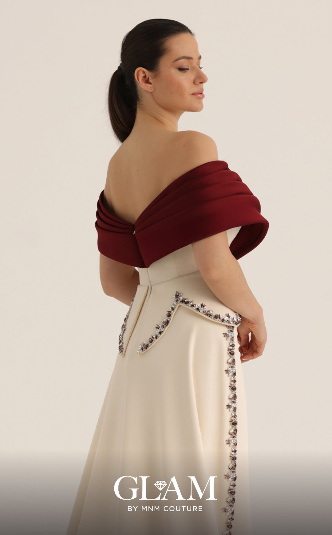 MNM Couture Style O07865: Off-the-Shoulder Column Gown with Crystal Embellishments - FOSTANI.com