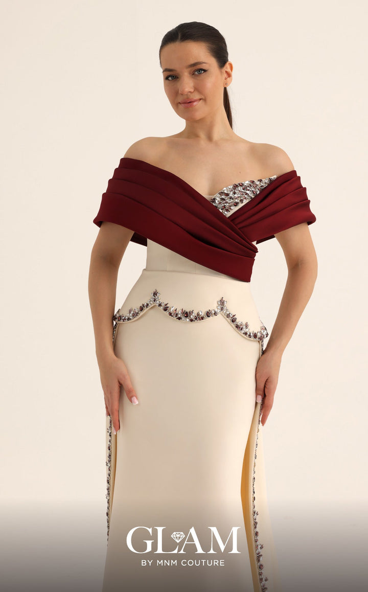 MNM Couture Style O07865: Off-the-Shoulder Column Gown with Crystal Embellishments - FOSTANI.com