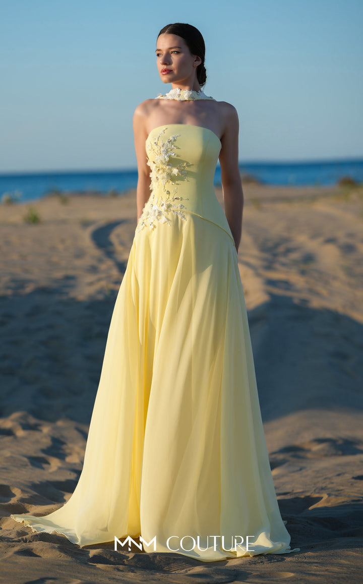 MNM Couture O09001 straight neck corset A-line gown with floral halter collar front view