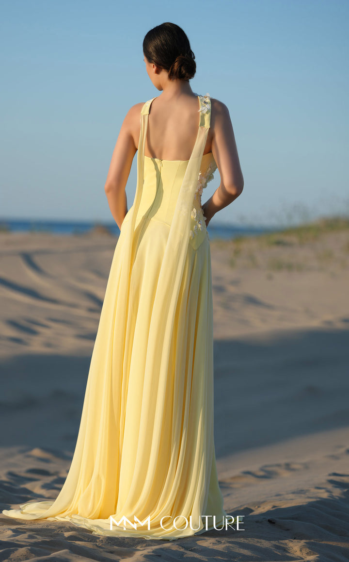 MNM Couture O09001 straight neck corset A-line gown with floral halter collar open back view