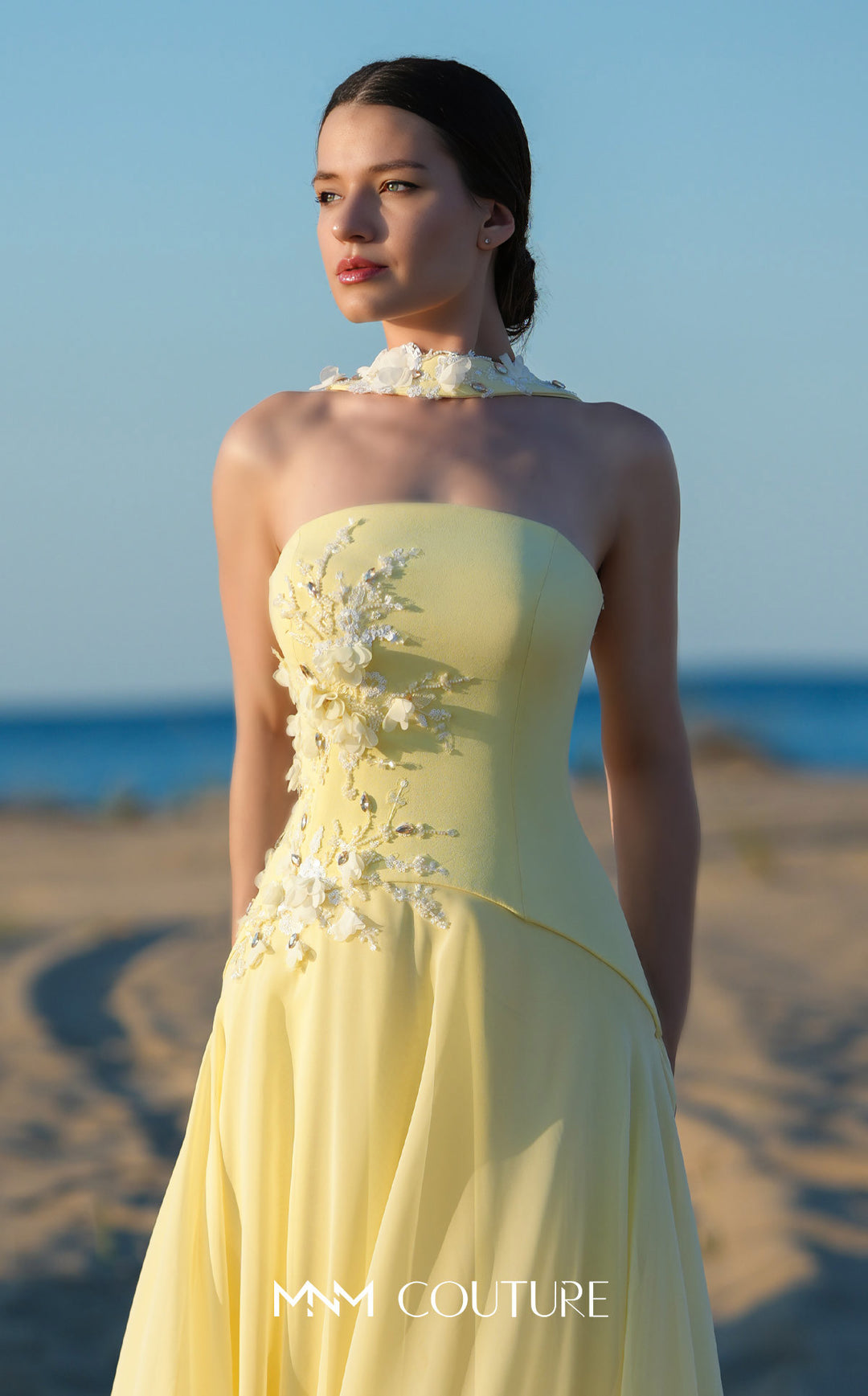 MNM Couture O09001 straight neck corset A-line gown with floral halter collar bodice detail