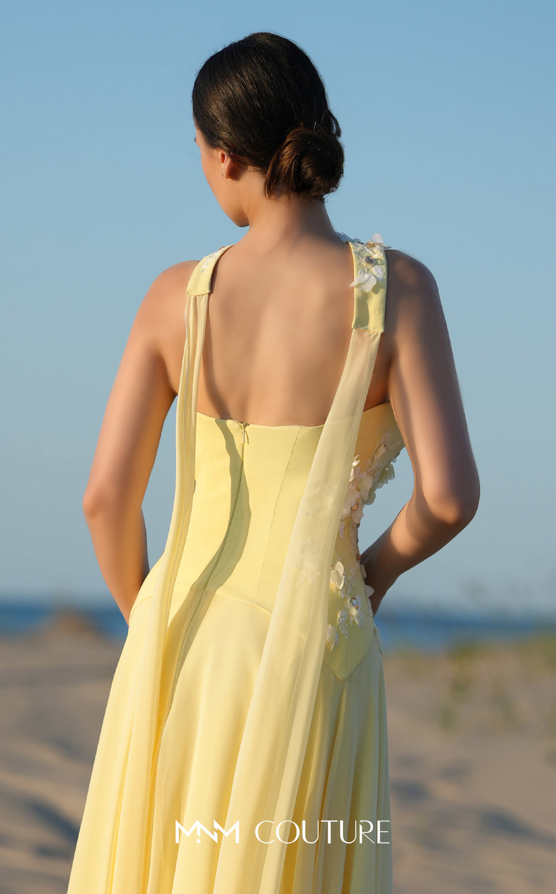 MNM Couture O09001 straight neck corset A-line gown with floral halter collar back detail