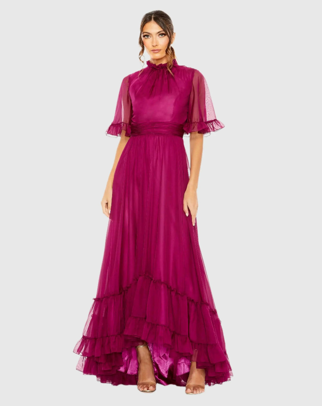 Mac Duggal 68229 Ruffled Mock Neck Flutter Sleeve High Low Hem Gown