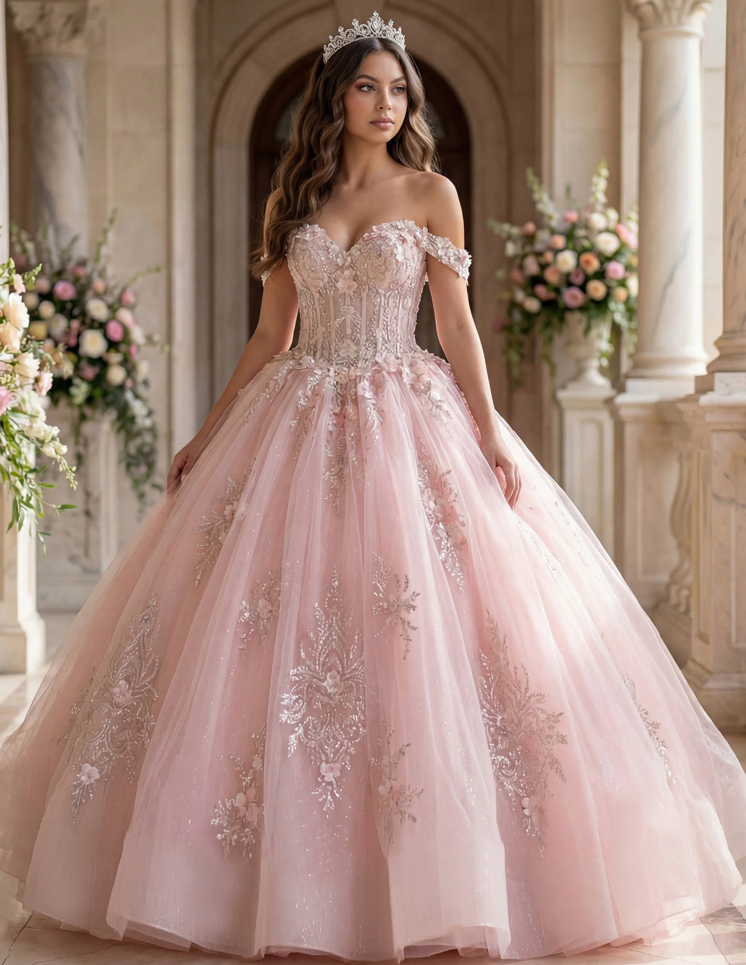 Jovani Q43434 Off Shoulder Ball Gown with Lace Appliqués