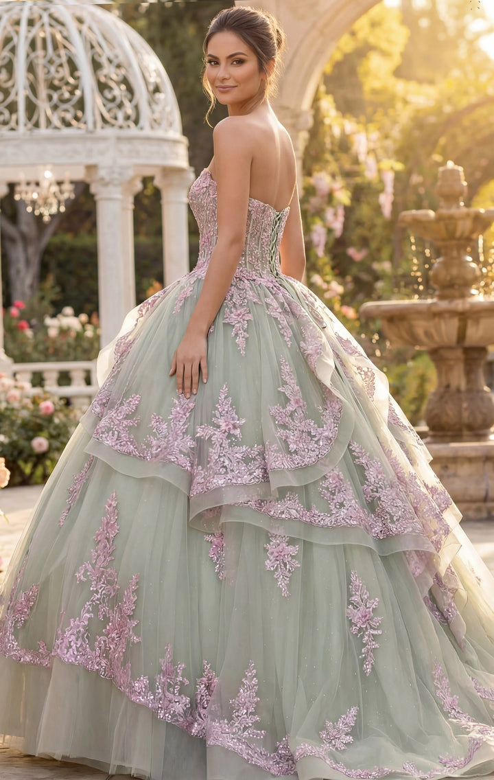 Jovani Q45685 Layered Green Ball Gown with Pink Floral Appliqués