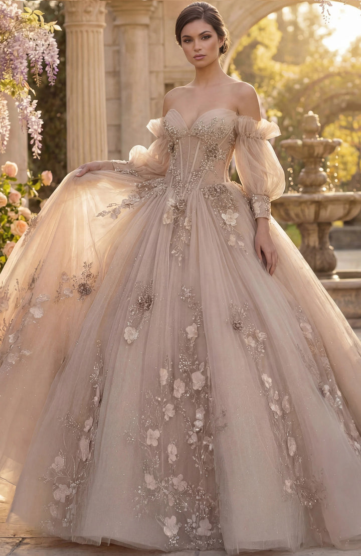 Jovani Q46662 Ball Gown with Puff Sleeves and Floral Embroidery