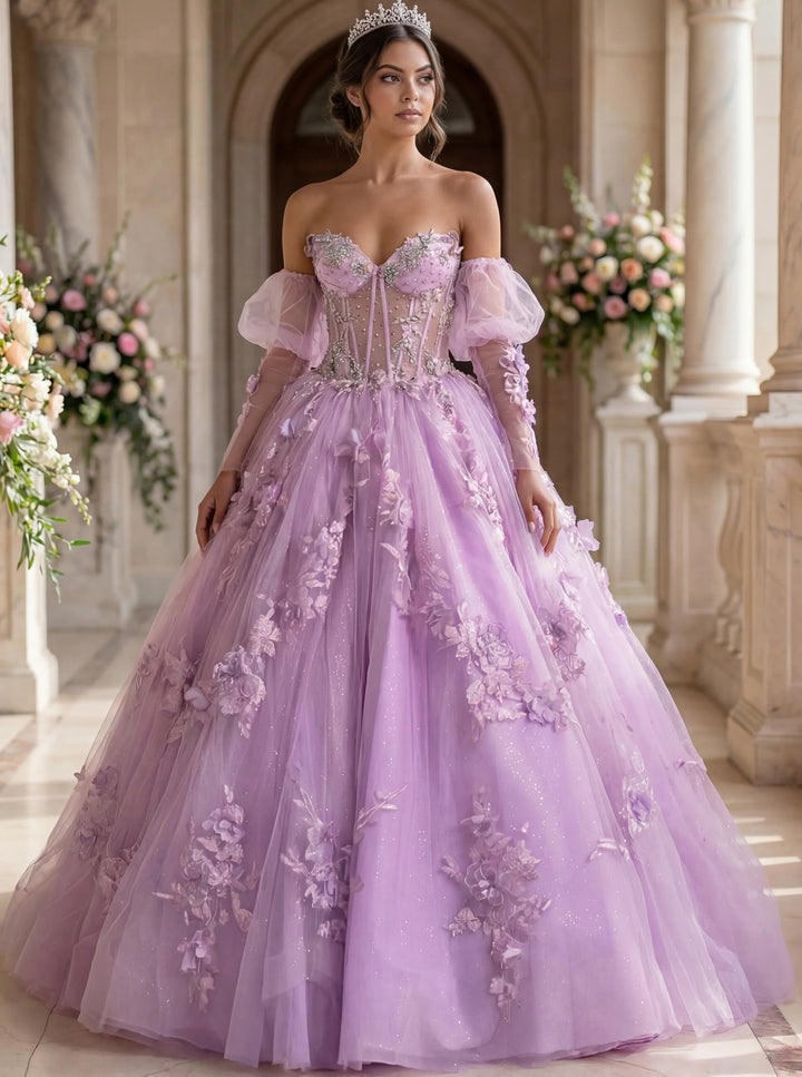 Jovani Q46664 Lavender Ball Gown with Sheer Corset and Floral Lace