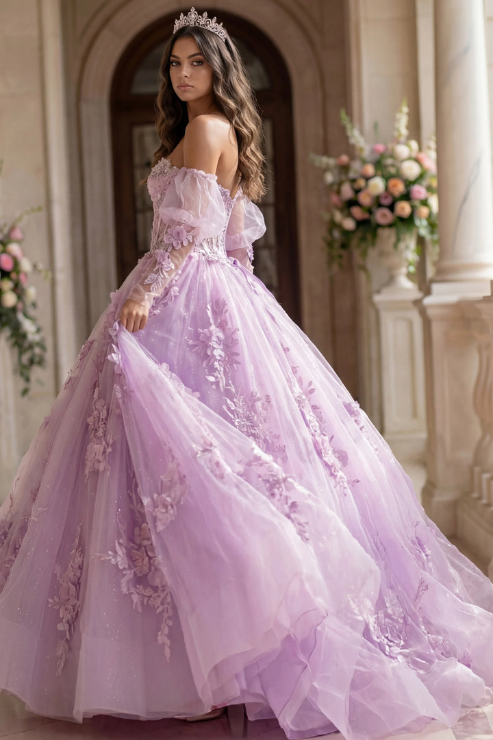 Jovani Q46664 Lavender Ball Gown with Sheer Corset and Floral Lace