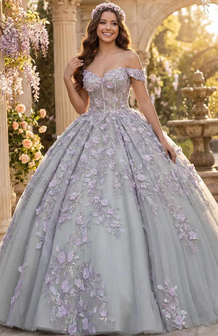Jovani Q46665 Off Shoulder Ball Gown with 3D Floral Appliqué
