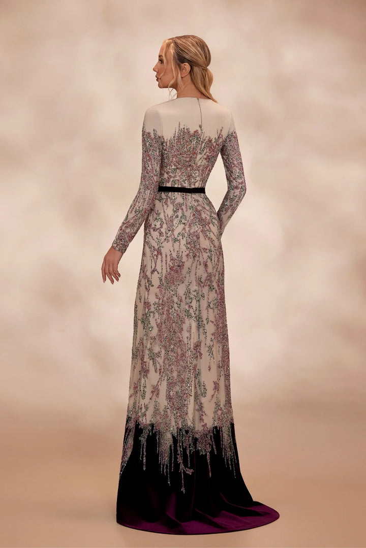 RTW17- Multicolor beaded dress with long fitted sleeves and a crew-neck bodice - FOSTANI.com
