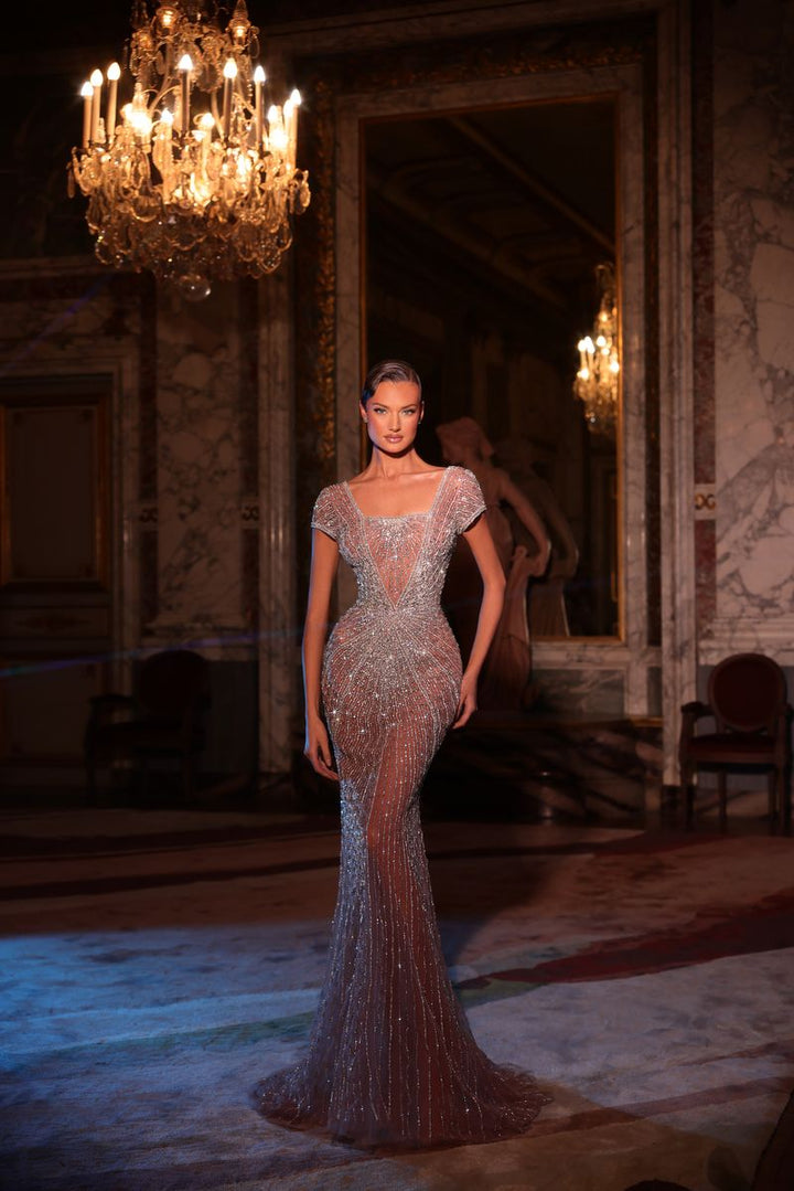 Chic & Holland HF110626 Square Neckline Cap Sleeves Plunging Illusion Linear Beaded Sheath Couture Dress