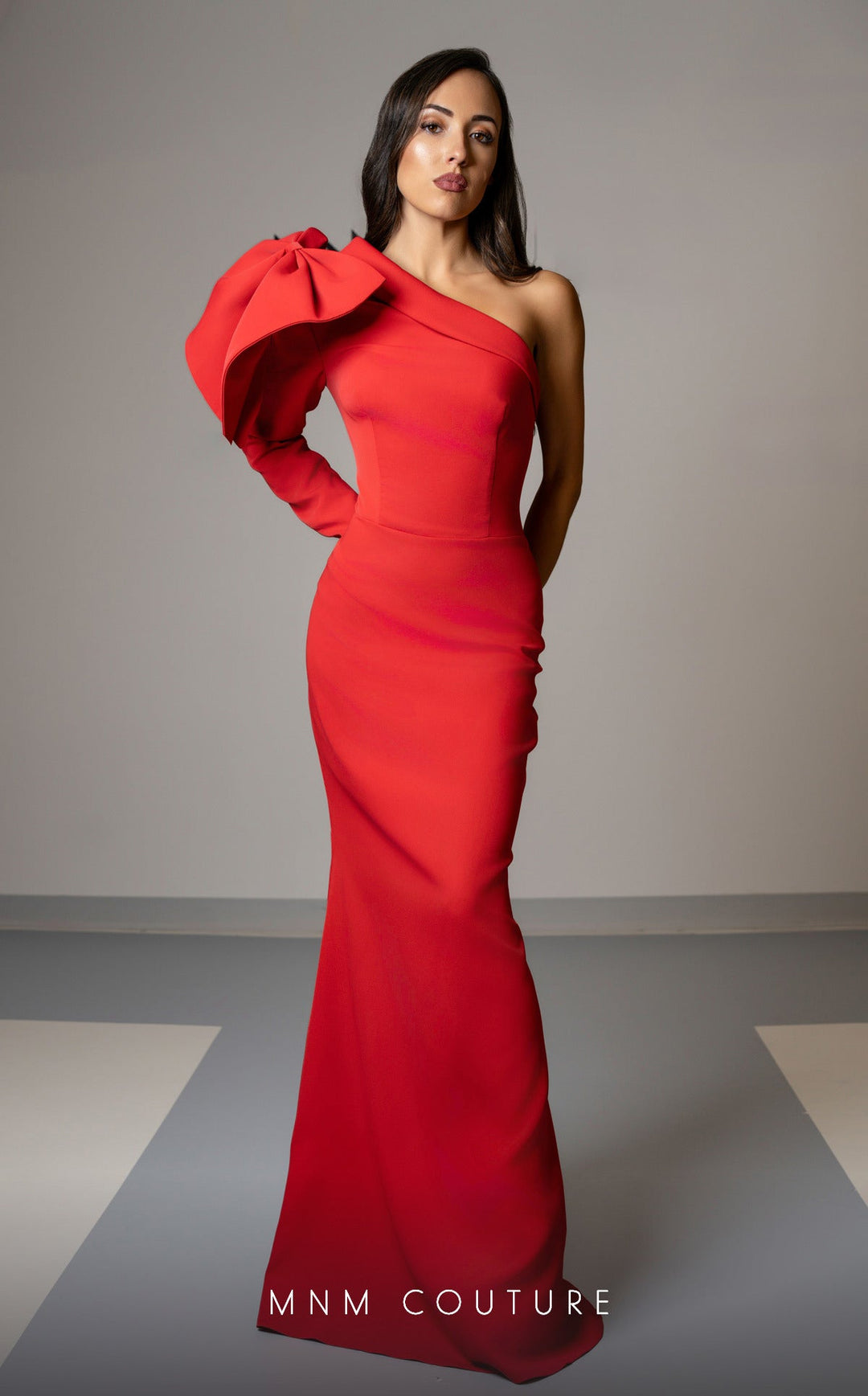 MNM Couture V07245 : Asymmetric Long Sleeve Rayon Crepe Gown - FOSTANI.com