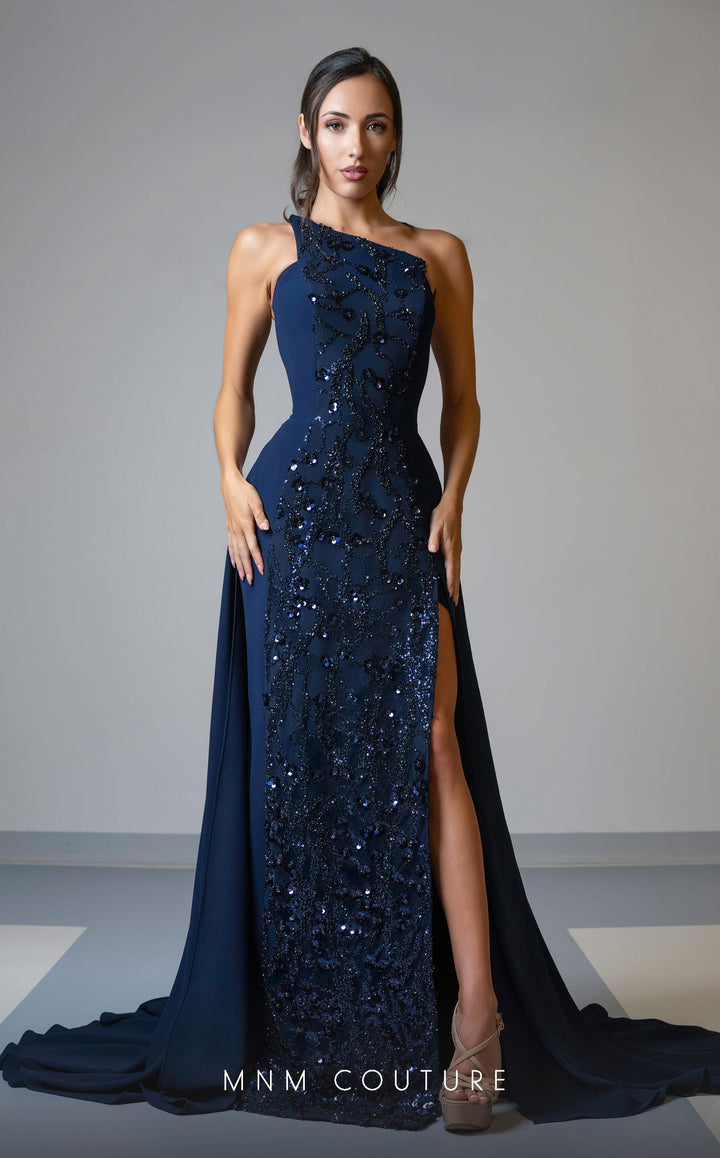 MNM Couture V07539 : Sleevless Asymmetrical Embroidered Center Prom Gown with Long Train - FOSTANI.com