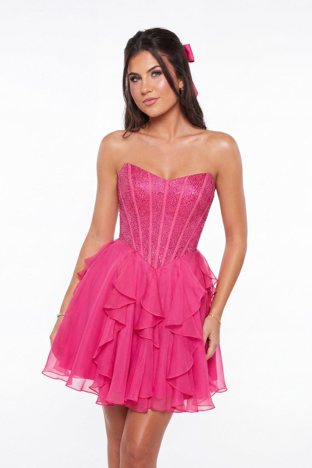 Portia & Scarlett XO217 corset cascading ruffle homecoming dress alternate front view 1