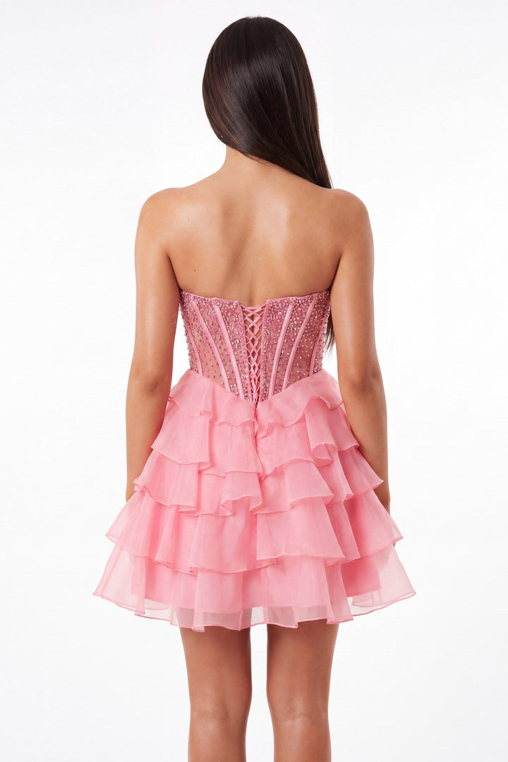 Portia & Scarlett XO218 crystal corset tiered ruffle homecoming dress lace-up back detail view
