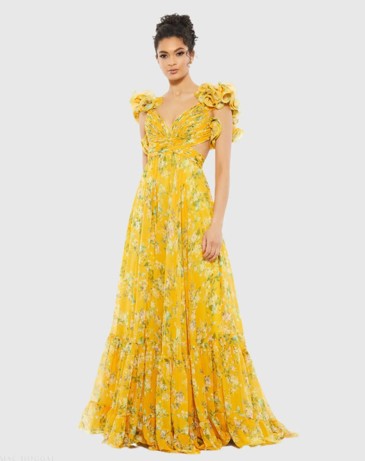 Mac Duggal 67803 Ruffle Tiered Floral Cut-Out Chiffon Gown