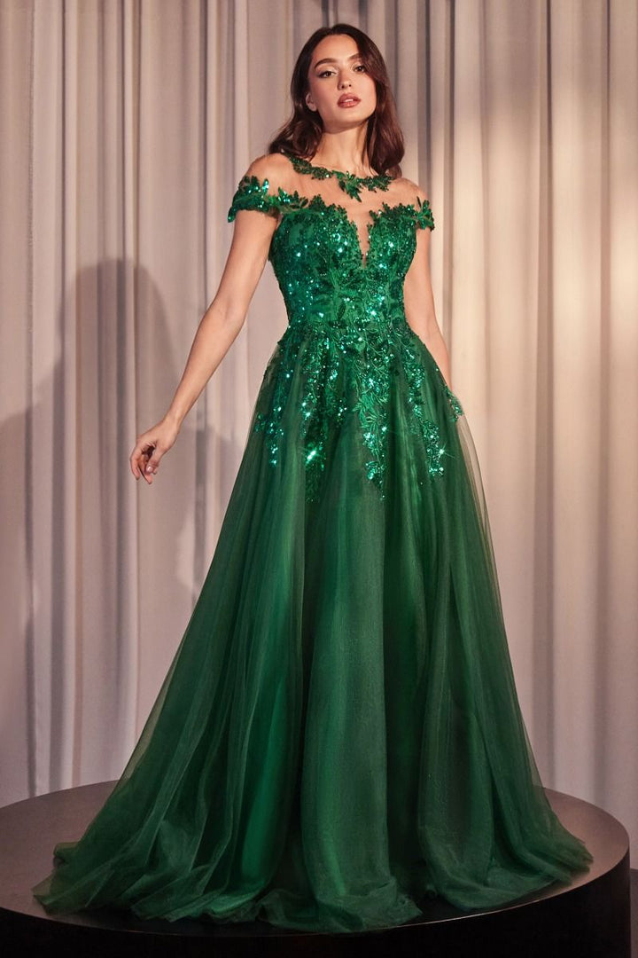 Andrea & Leo A1475 Couture Illusion Neck Cap Sleeve Embellished A-Line Ball Gown
