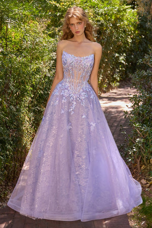 Andrea & Leo Couture A1537 strapless floral appliqué corset A-line prom dress, front view