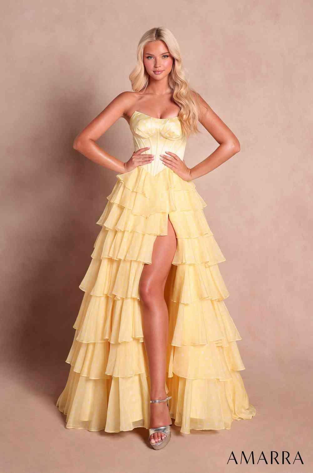 Amarra 89815 corset prom dress with high slit front view