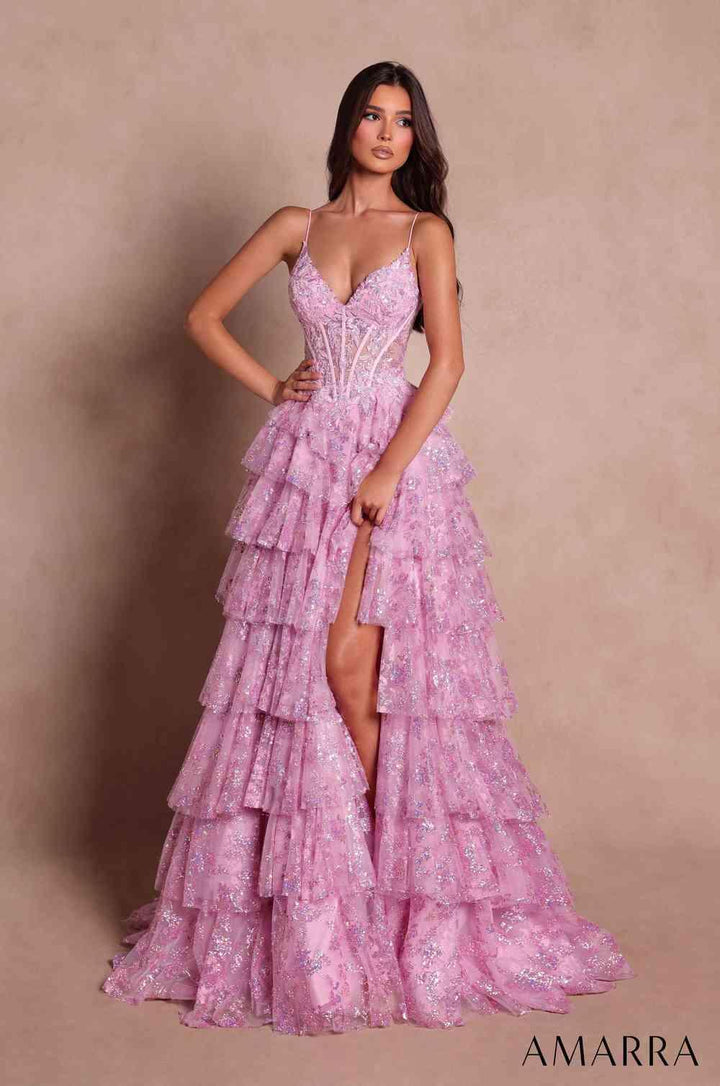 Amarra 89878 spaghetti strap floral pattern gown front view