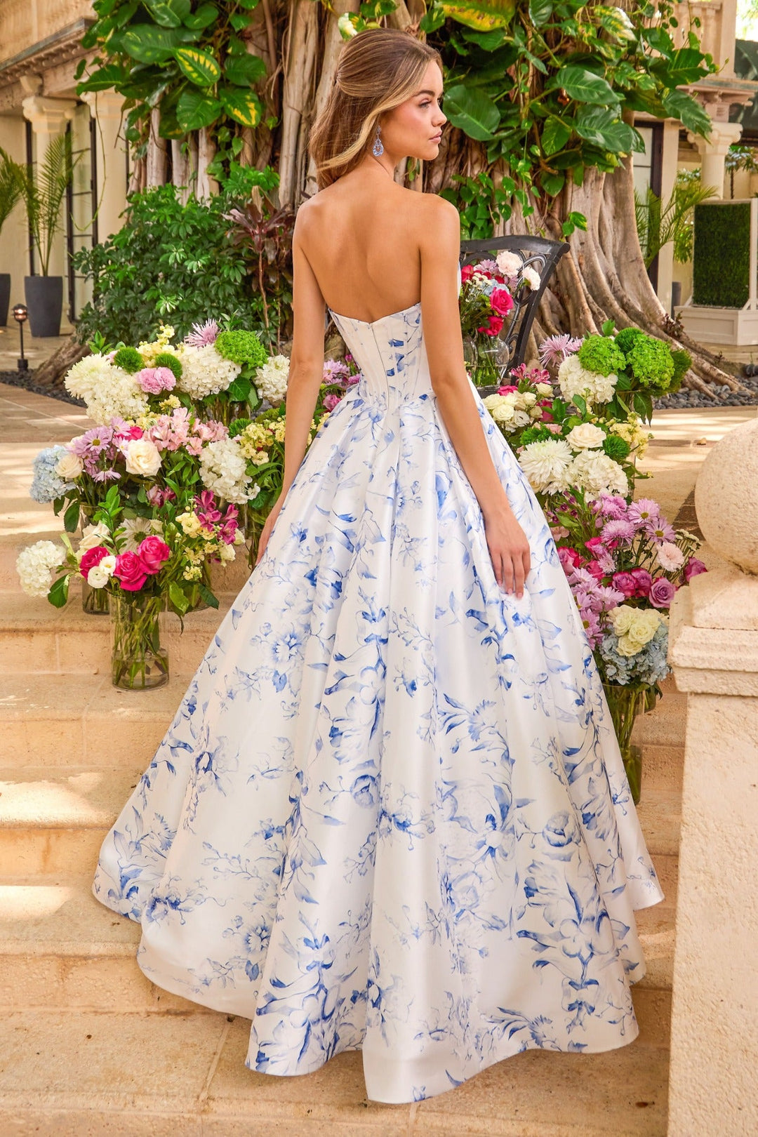 Ava Presley 47377 floral print rosette ball gown back view