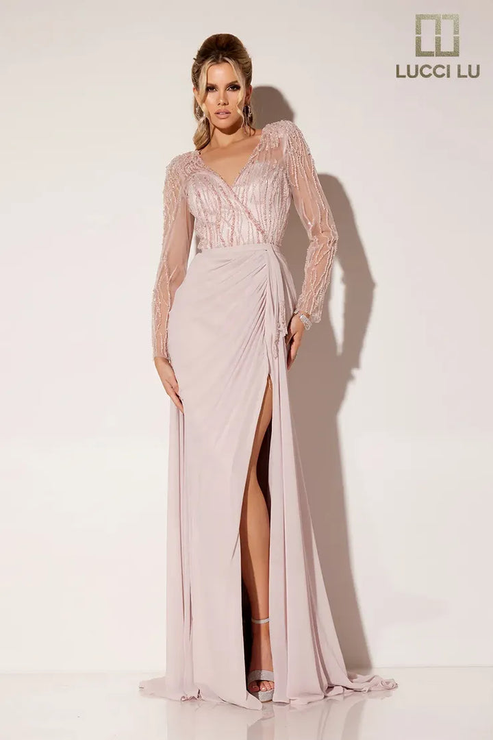 Lucci Lu C8069 Long Sleeve High Slit Mother of the Bride Dress