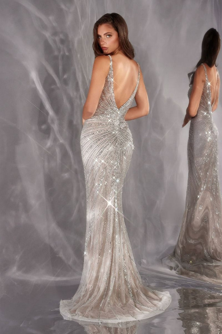 Ladivine CC498 Spaghetti Strap Beaded Mermaid Gown with High Slit and V-Back