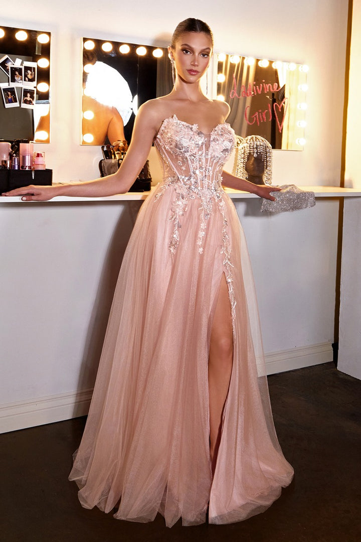 Ladivine CD2426 strapless A-line prom gown front view