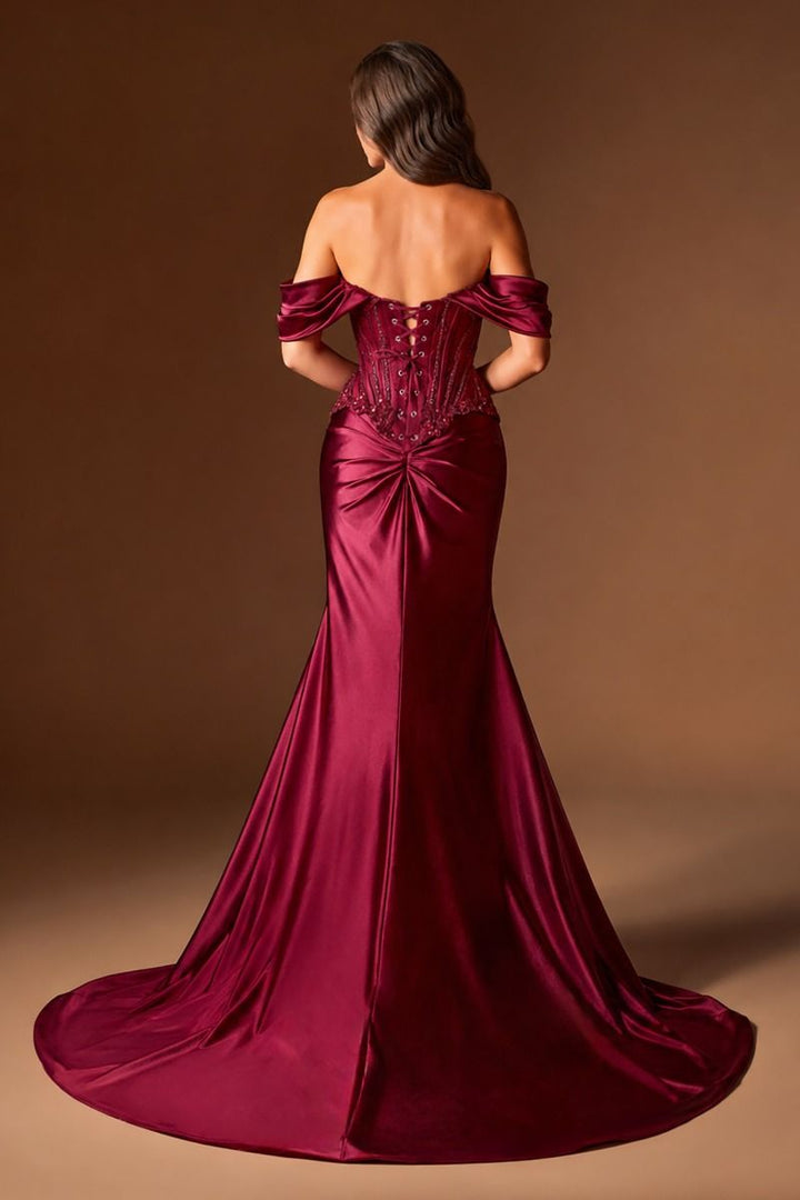 Ladivine CD656 Off-Shoulder Embellished Corset Mermaid Gown with High Slit and Lace-Up Back