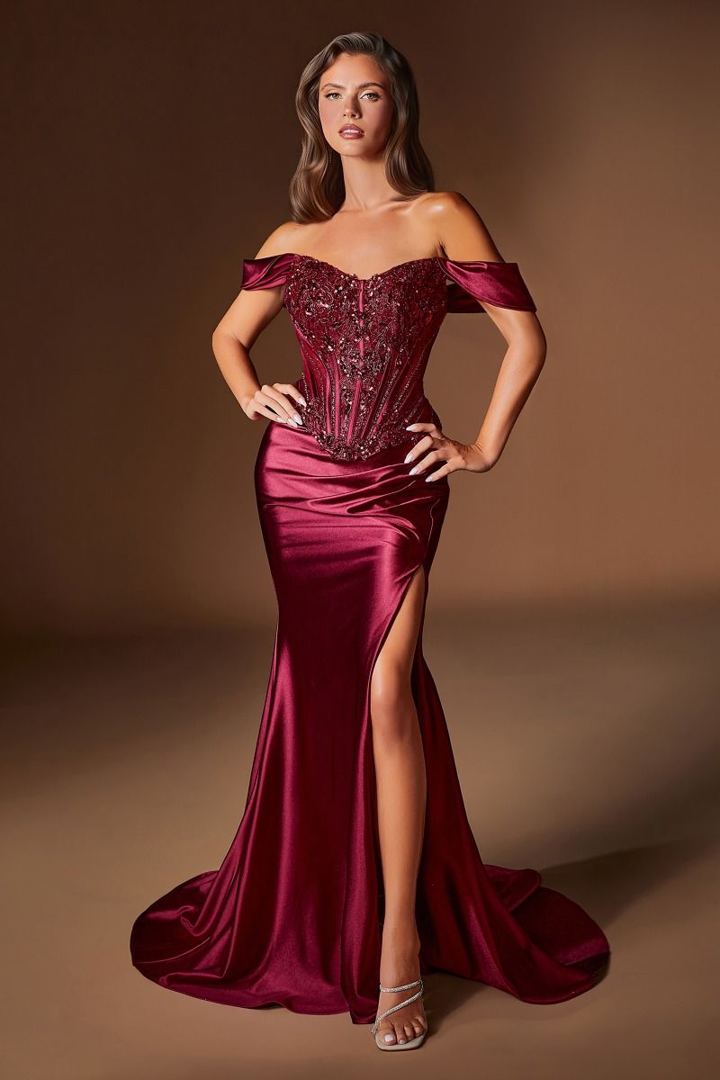 Ladivine CD656 Off-Shoulder Embellished Corset Mermaid Gown with High Slit and Lace-Up Back