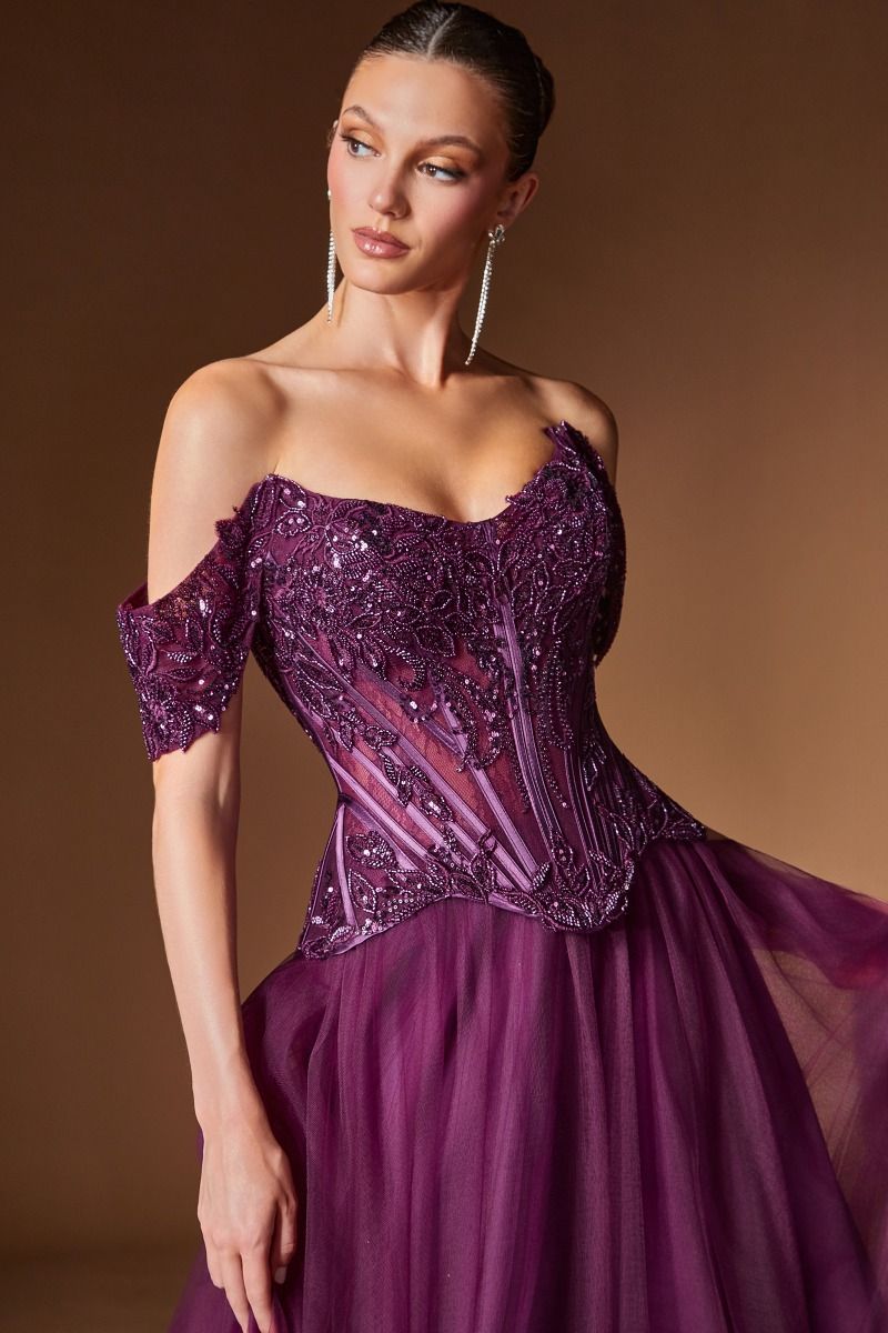Ladivine CD657 Off-Shoulder Embellished Corset A-Line Ball Gown with Lace-Up Back