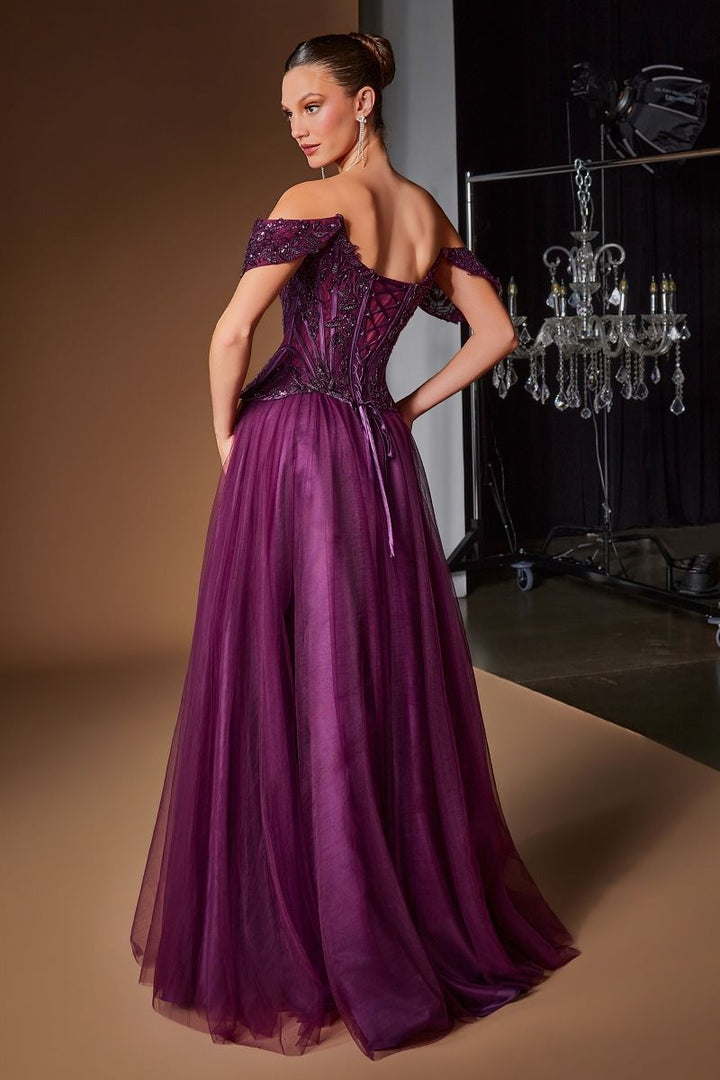 Ladivine CD657 Off-Shoulder Embellished Corset A-Line Ball Gown with Lace-Up Back