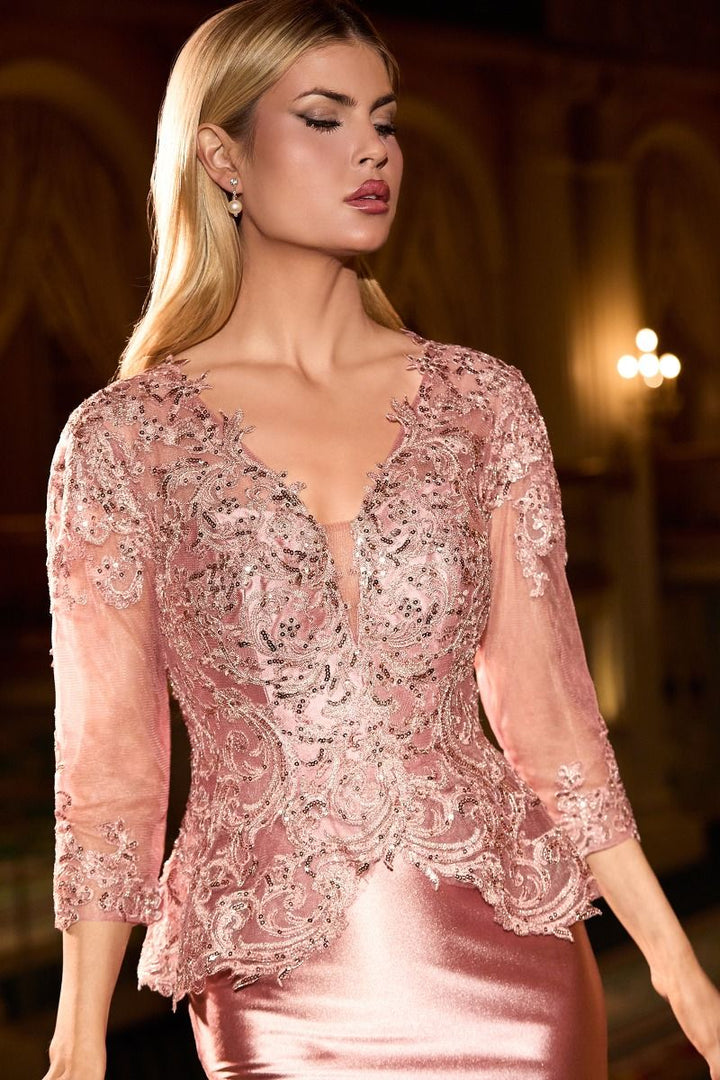 Ladivine CD720 V-Neckline & Three-Quarter Sleeves & Structured Bodice Mother of the Bride Dress - FOSTANI.com