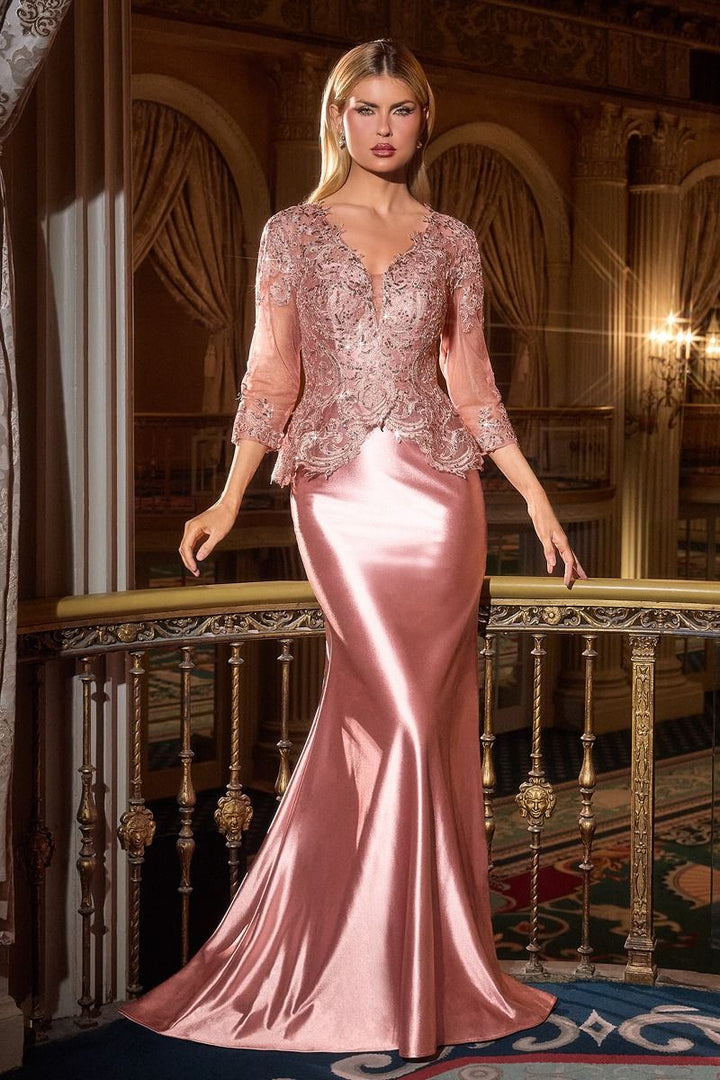 Ladivine CD720 V-Neckline & Three-Quarter Sleeves & Structured Bodice Mother of the Bride Dress - FOSTANI.com