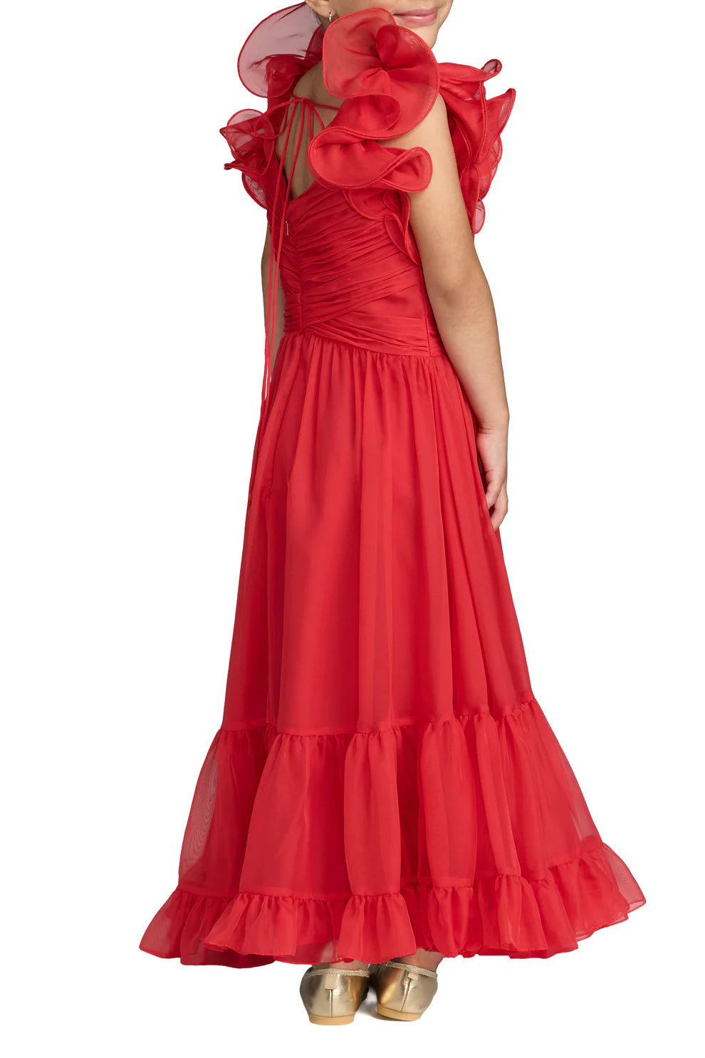 Mac Duggal 68669 Girls Pink Floral Chiffon Ruffle Shoulder Dress